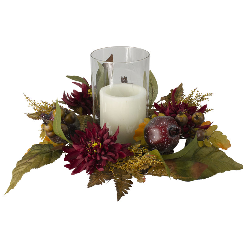 22" Mums with Pomegranate Fall Candle Holder Centerpiece