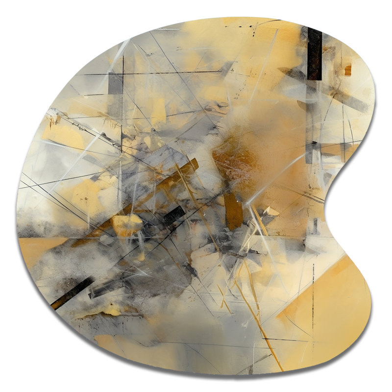 Jaune et gris au-delà de la toile II - reproduction abstraite asymétrique, art mural en métal de forme unique moderne
