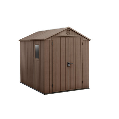 Keter Darwin 6x8 ft. Durable Resin Outdoor Storage Shed With Floor and Double Doors for Garden Patio Furniture and Tools, Brown