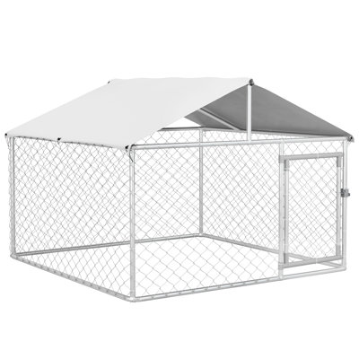 Large Dog Kennel Outside - Heavy Duty, Waterproof Cover, Galvanized Chain Link, 6.6'X6.6'X4.9', Spacious For Smart Dogs, Secure Lock, Steel Material Outdoor Cage Curious Puppies, Framework