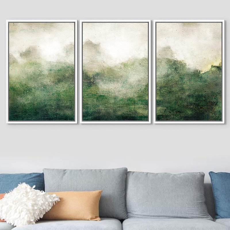 " Forest Green Watercolor Pastel Landscape Shape Abstract Illustration Modern Art Minimal " 3 - Pieces, Blanc