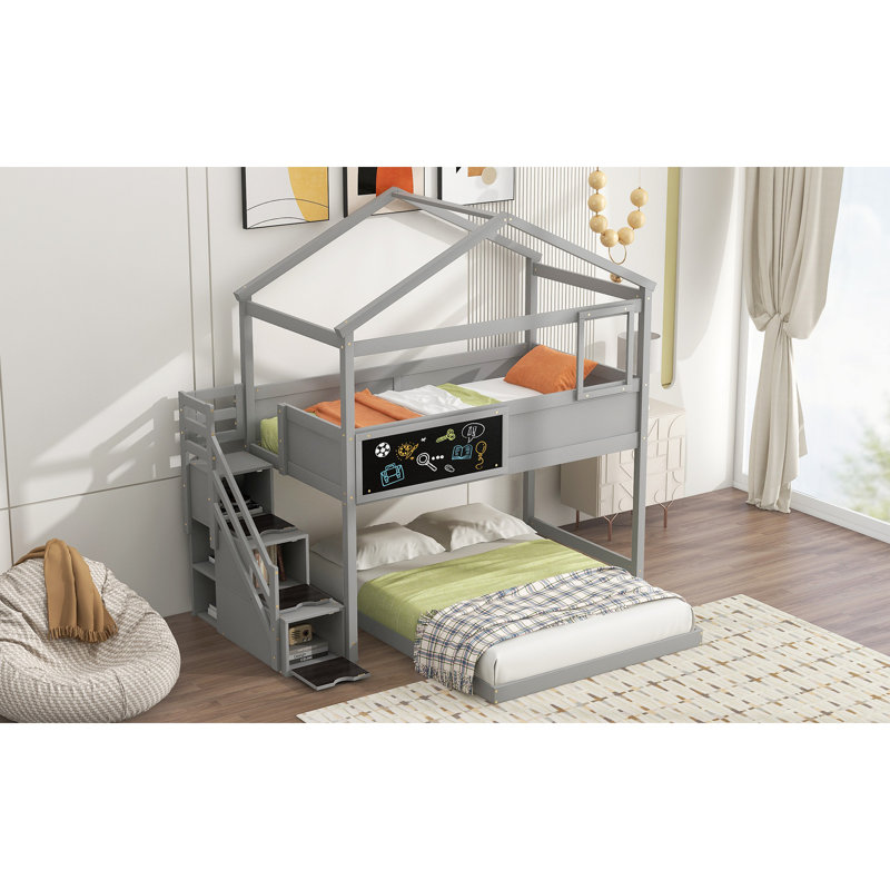 Lit superposé House avec escalier et rangement, Gris