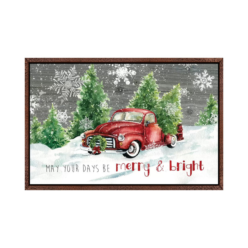 Merry And Bright Christmas Truck by Carol Robinson - Print on Canvas, Classic Brown Wood Framed Canvas
