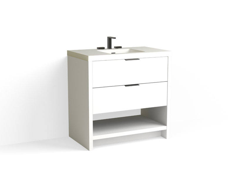Vue 36" W Freestanding Single Bathroom Vanity, Glossy White/Single, Matte Black, White Nanomatte