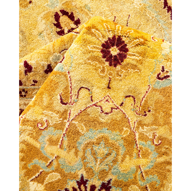 Tapis jaune / rouge traditionnel noué à la main de conception unique 8 pi 3 po x 10 pi 7 po Keller