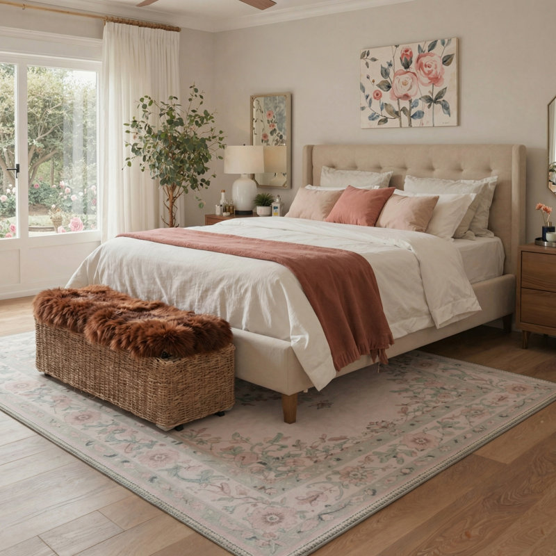 Veridian Floral Machine Washable Pink / Green Indoor Area Rug with Non-Slip Backing, Round 5'