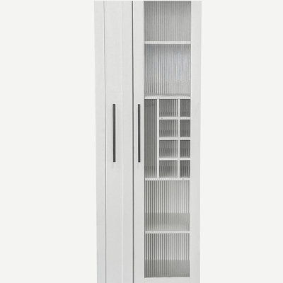 Kitchen pantry cabinet with multi-functional pull-out multi-tier storage shelf, Farmhouse Storage Cabinet with glass Doors, Pantry Organizers