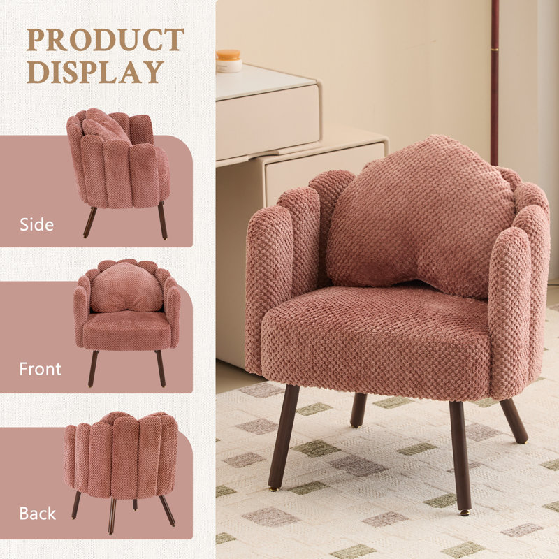 24" Wide Cute Petal Vanity Chair with Detachable Back and Heart-shaped Pillow, Upholstered Accent Chair for Bedroom, Pink