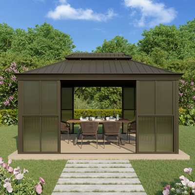 14 Ft. W X 12 Ft. D Outdoor Hardtop Sunroom Gazebo – Fully Enclosed Aluminum Solarium With Sliding Doors, Slideable PE Screen Windows, All-Season Pergola With Galvanized Steel Double Roof For Patio, Deck & Hot Tub
