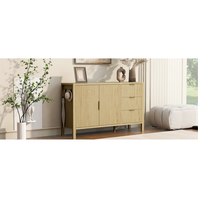 Modern Wave-Pattern U-Style Sideboard With Hooks And 3 Drawers, Large Storage Buffet Cabinet Extra Center Leg Suitable For Living Room, Scratch- Top Elegant Appearance Entryway,