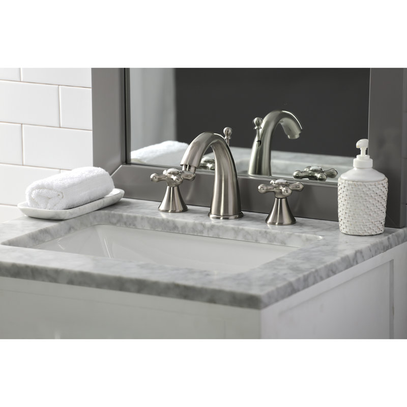 Kingston Brass Naples Two-Handle 3-Hole Deck Mount Widespread Bathroom Faucet with Brass Pop-Up Drain, Brushed Nickel