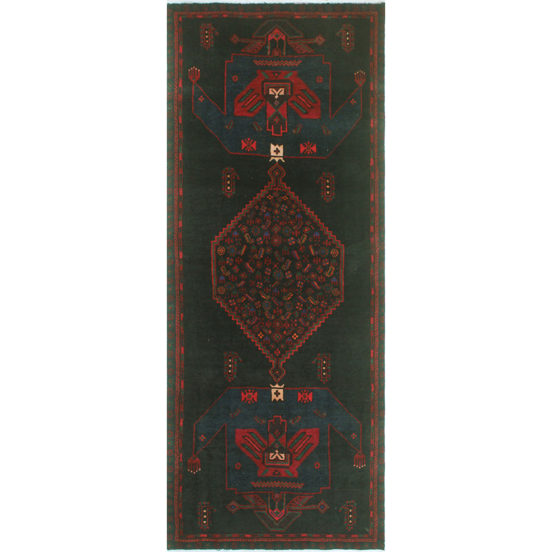 One-of-a-Kind 3'7" x 9'1" New Age Runner Wool Area Rug in Green and Red