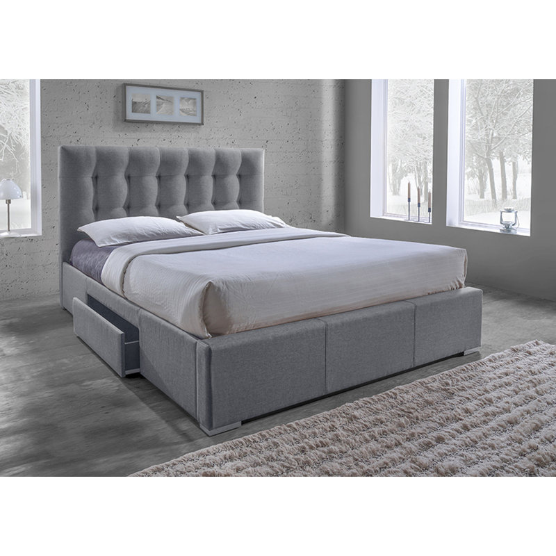 Lit plateforme à panneau de rangement tapissier Aleana, Très grand, Gris