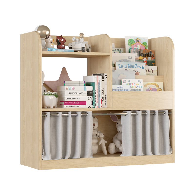 Montessori 3 Sling Bookshelf With Dust Proof Curtain and Floor Storage Cabinet Toy Chest, Oak