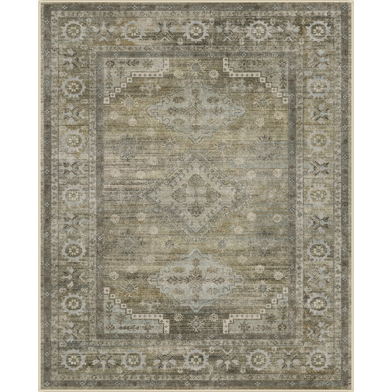 Tapis oriental sauge / gris lavable à la machine avec envers antidérapant, Rectangle 9 pi x 12 pi, Sauge