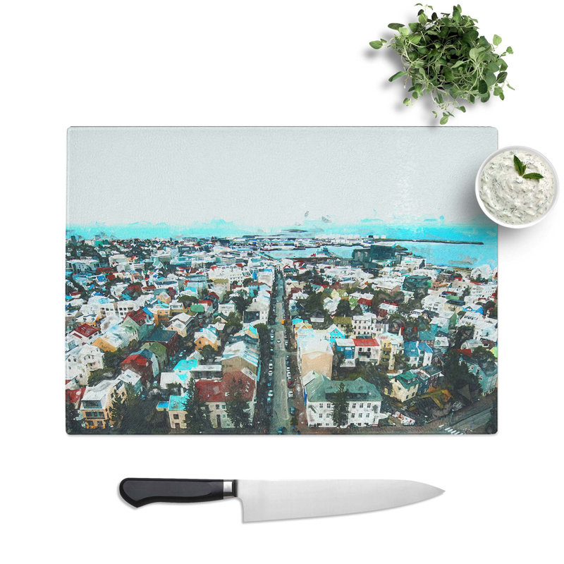 Tempered Glass View of Reykjavik in Iceland in Abstract Chopping Board, 28.5 cm W x 20 cm L