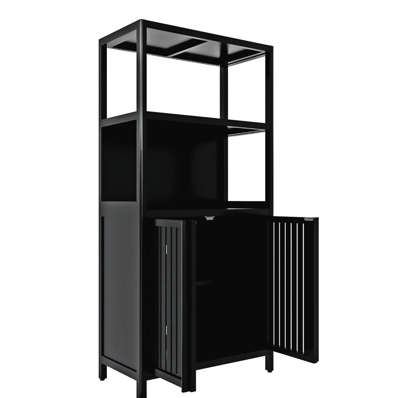 Organisateur de plancher noir pour salle de bain, unité séparée à 2 portes avec charme naturel, étagère à niveaux et loquet magnétique, convient à plusieurs armoires de cuisine, entrée, salle de bain, plateau de table large,