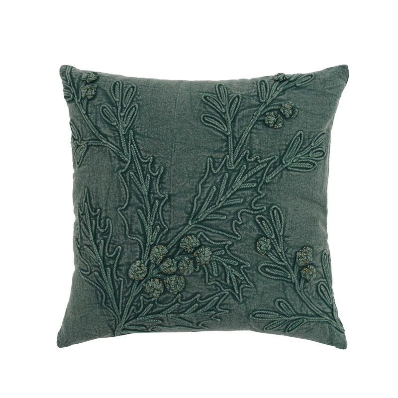 Coussin de Noël vert feuillage botanique avec cônes 18 po x 18 po