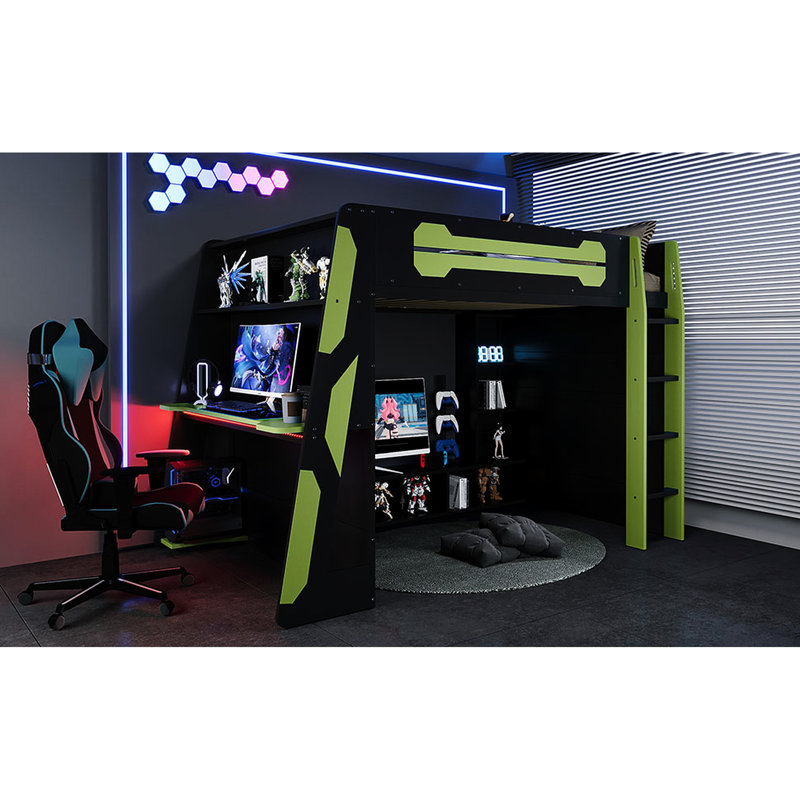 Lit mezzanine double avec bureau latéral et tablettes pour, 199 lb, 6 ans et plus, charge supérieure de 93,3 x 55,6 65 600 lb, limite de poids de 110 lb
