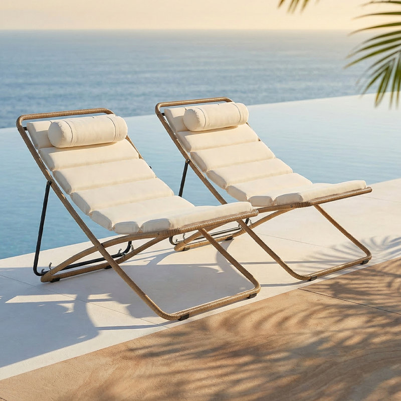 Chaises longues d'extérieur pliables 2 pièces avec dossier réglable - Conception en rotin durable pour patio et plage, Brun