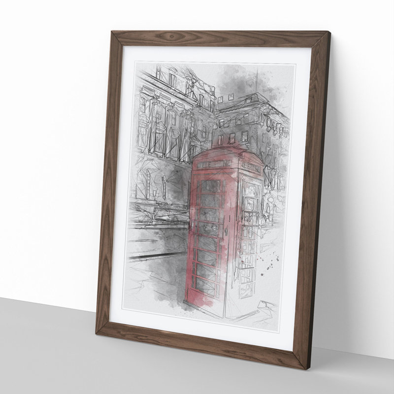 Red Telephone Box - Picture Frame Drawing, Walnut Framed, 90cm H x 65cm W x 2cm D