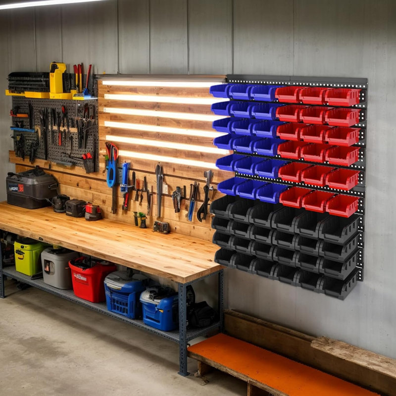 Organisateur de bacs de rangement mural robuste, H 32 po x l 25,2 po x P 6,5 po, Rouge / bleu / noir
