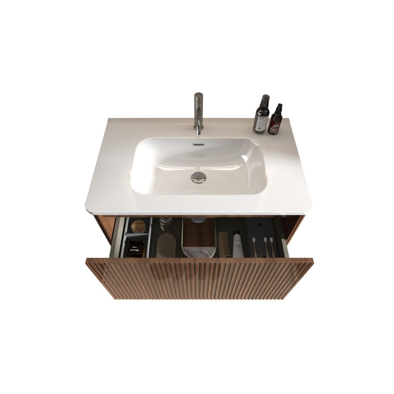 Meuble-lavabo rayé en noyer avec lavabo en céramique, 30"