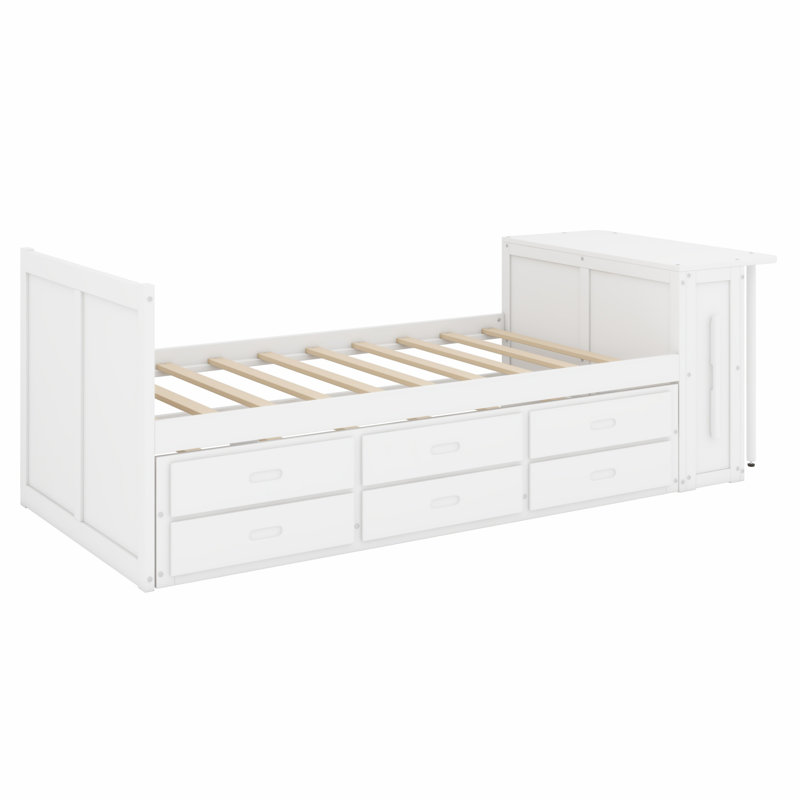 Lit plateforme moderne en bois, bureau d'étude et tablette de présentation, lit gigogne avec 3 tiroirs spacieux, White
