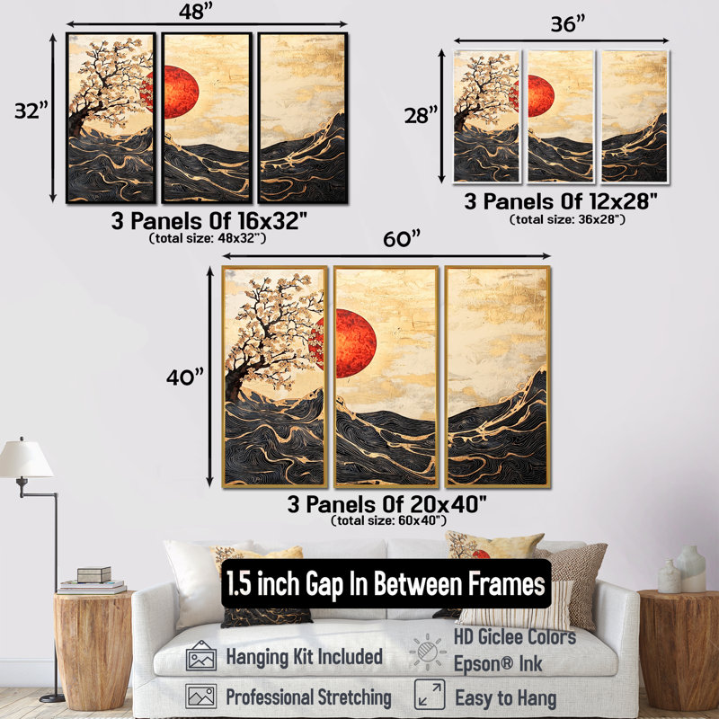 Soleil éternel du paysage japonais III - ensemble d'art mural paysage japonais, H 40 po x l 60 po, Noir