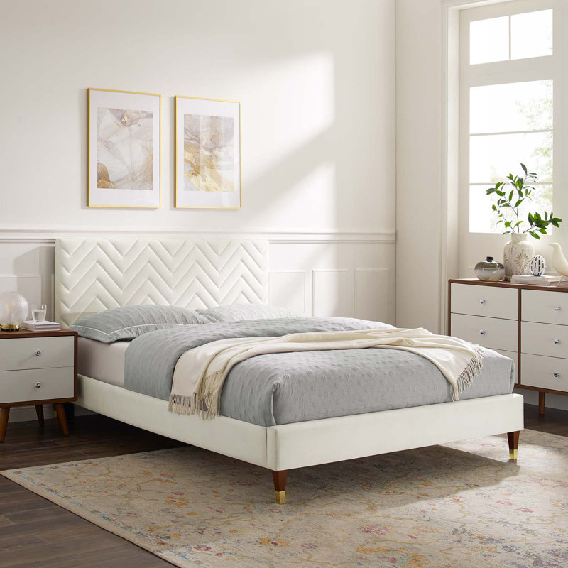 Modway Leah Chevron Tufted Performance Velvet Platform Bed, White, Full / Double