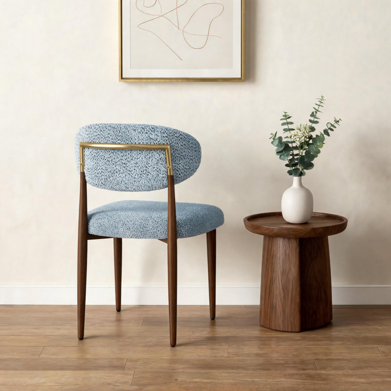 Ensemble de chaises de salle à manger quatre pièces, tissu en lin, coussin de siège bleu, pieds brun métallique, assise en mousse à mémoire de forme