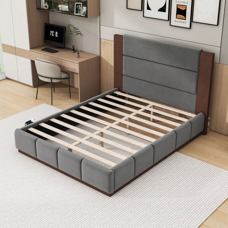 Lit plateforme tapissier élégant avec tête de lit en tissu d'ameublement doux, Grand lit, Gris