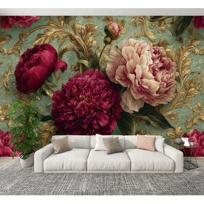 Papier peint adhésif pelez et collez floral pivoine bourgogne rose H 100 po x l 144 po Papier mural amovible en PVC auto-adhésif pour chambre à coucher, bureau à domicile