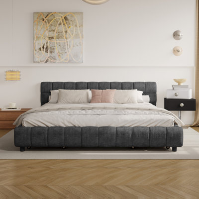 Chenille Upholstered Bed Frame With Headboard And Drawer