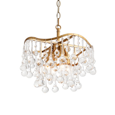 Hilaria 15" Brushed Brass 4-light Glam Crystal Teardrop Tiered Chandelier