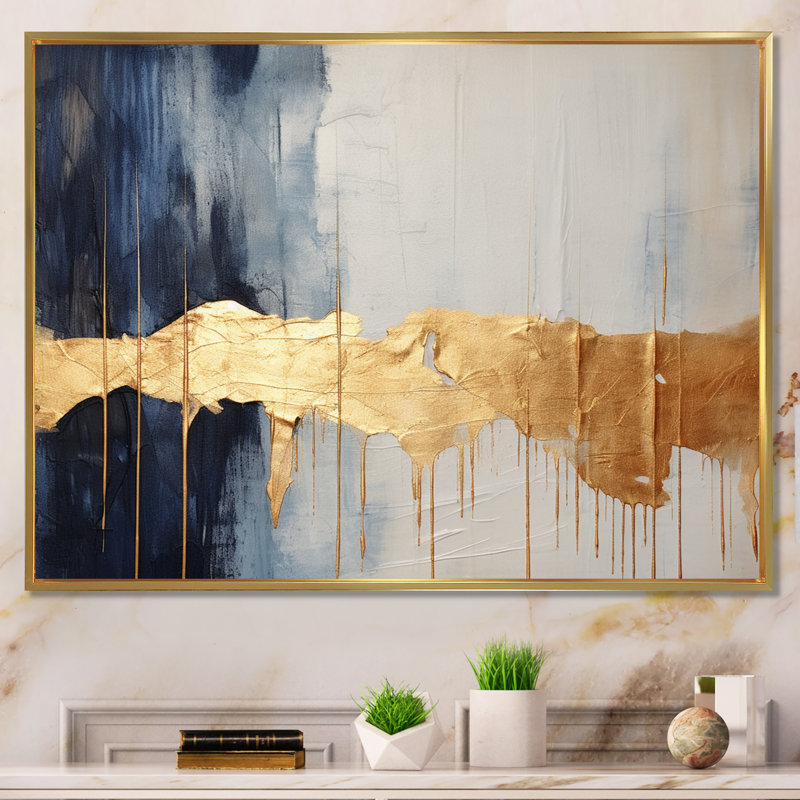 Waves Of Joy Minimal Nova - bleu et or I - peinture abstraite, art mural, H 12 po x l 20 po x P 1 po, Cadre flottant doré