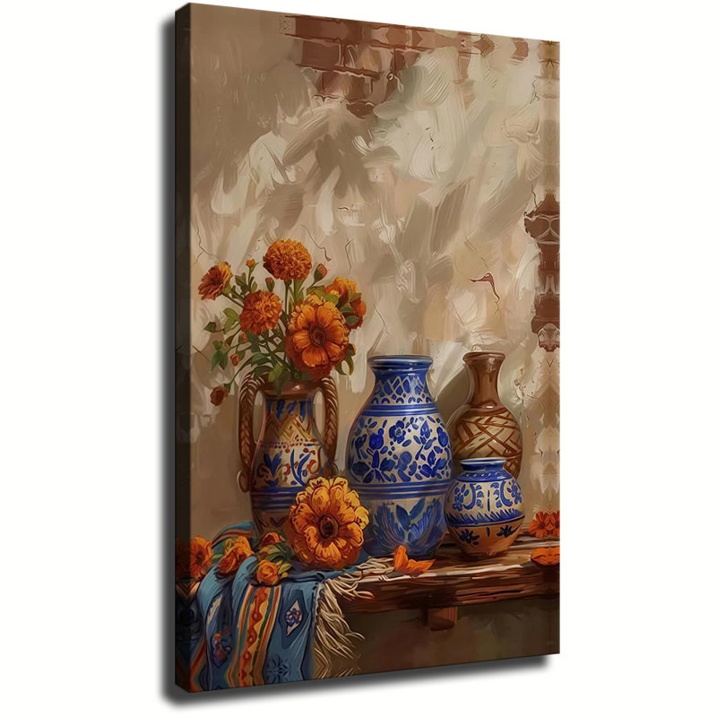 Tableau mural sur toile représentant un vase bleu Talavera mexicain, art mural représentant des œillets d'Inde, héritage hispanique, affiche de cuisine rustique en céramique bleue prête à accrocher