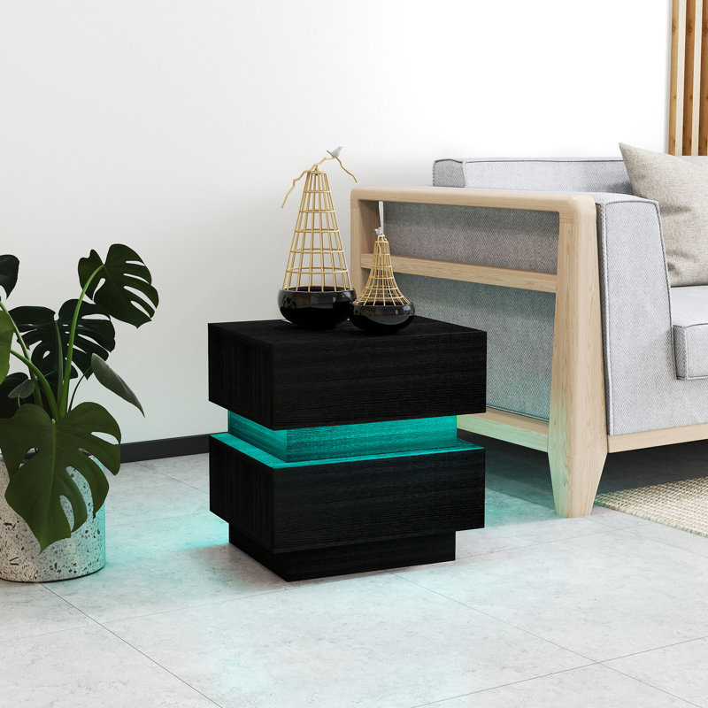 Table de chevet moderne avec station de charge et lumière DEL pour la chambre à coucher, Noir