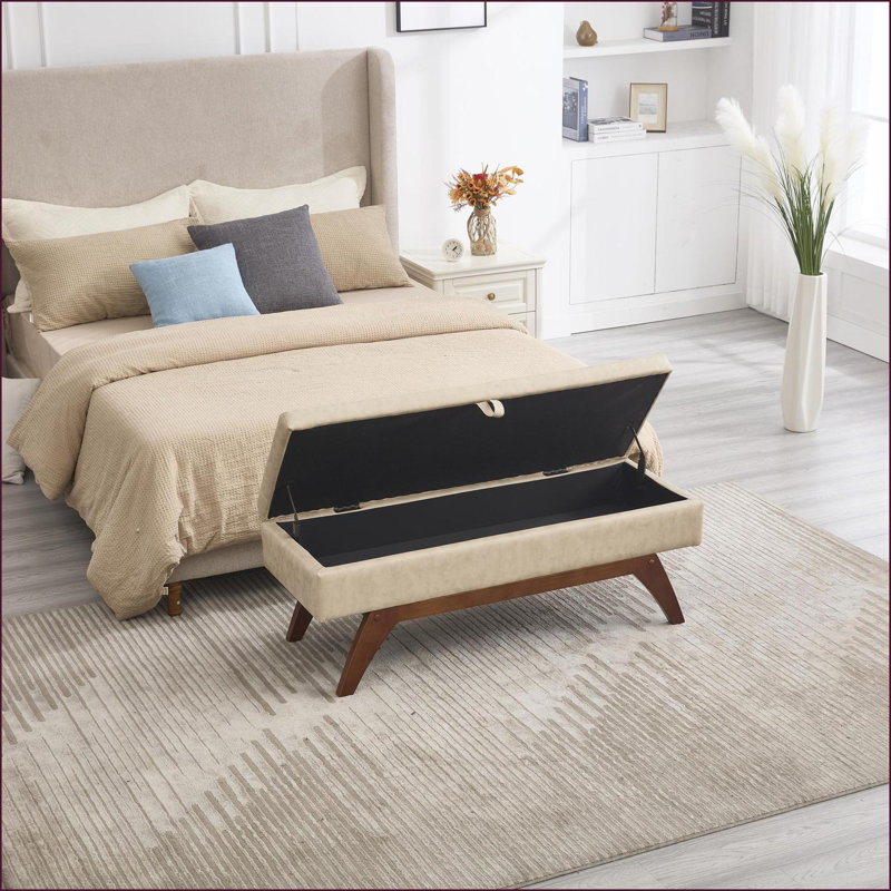 Repose-pieds avec rangement caché - Tissu en laine Teddy pour repose-pieds de chambre à coucher, sièges supplémentaires | Noyer brun | Bois massif