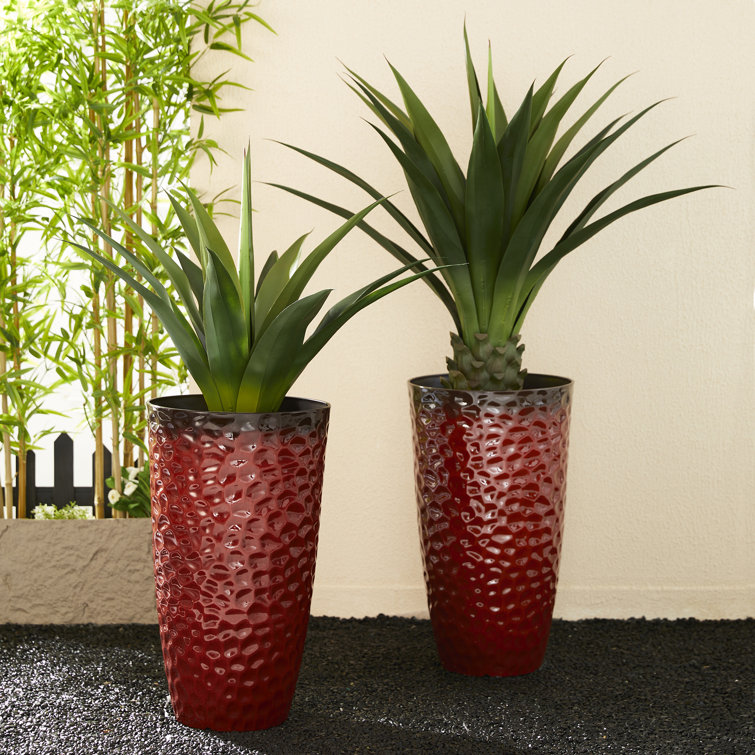 23.75"H Set Of 2 Oversized Eco-Friendly PP And Stone Honeycomb Textured Green Tall Plastic Planter