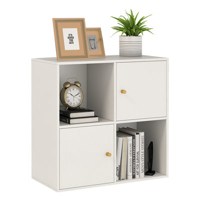 Bibliothèque de 4 cubes avec placards, tablette de rangement à 3 niveaux pour salon, chambre et bureau, comprend un double système antibasculement, des charnières réglables et des pattes de protection, blanche