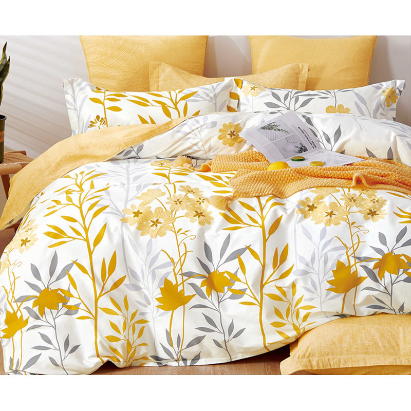 Ensemble d'édredon réversible en coton standard jaune , Édredon simple extra-long + 1 taie décorative st