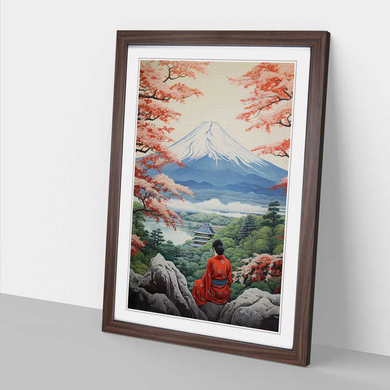 Mount Fuji Victorian - Single Picture Frame Print on Wood, 64cm H x 46cm W x 2cm D, Walnut