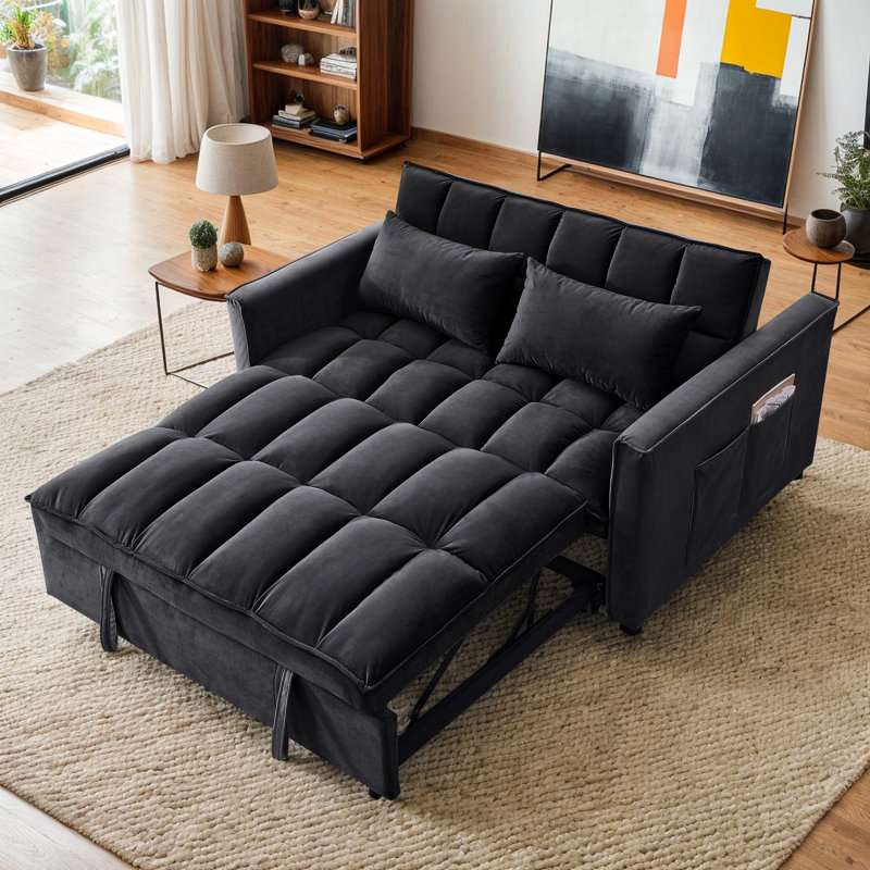 54" Velvet Convertible 3-In-1 Sofa Bed, Black
