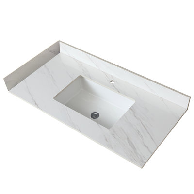 43 Inch White Sintered Stone Bathroom Vanity Top - With Rectangular Middle Sink And 4-Inch High Backsplash Undermount & 4"