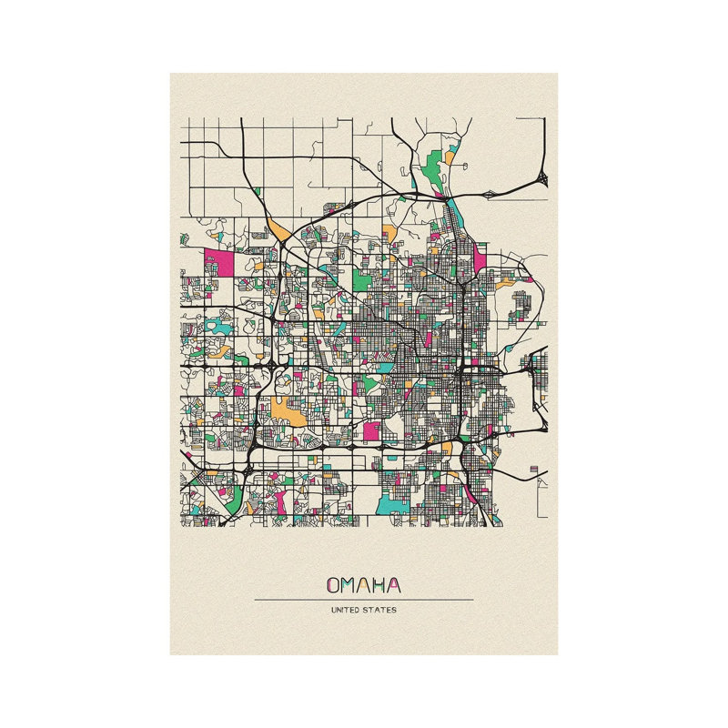 Omaha, Nebraska Map par Ayse Deniz Akerman - Toile tendue avec châssis sur toile tendue, H 60 po x l 40po x P 1,5 po