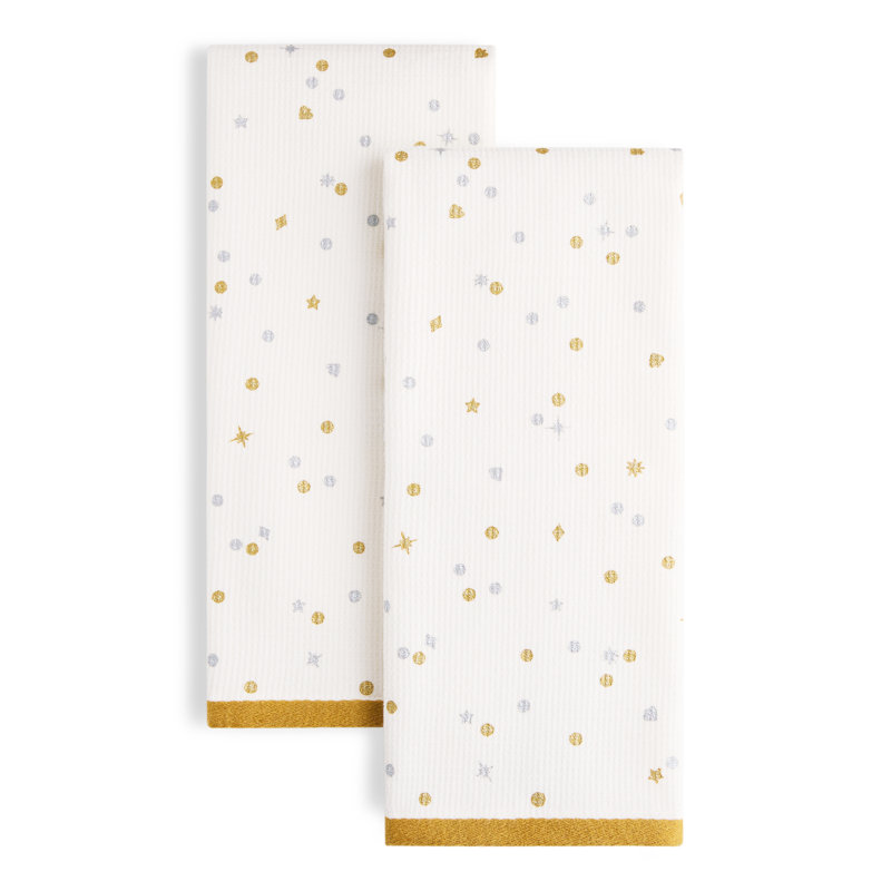 KATE SPADE NEW YORK CELEBRATION CONFETTI DOT 2-Pack Kitchen Towel Set, Ivory/Gold/Silver, 17"x28"