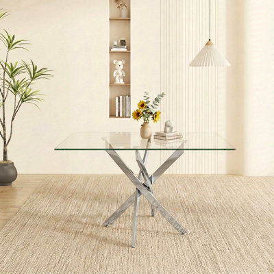 Rectangular Dining Table, 47.24" Glass Dining Table with Silver Legs, Modern Kitchen Table for Home Kitchen, Dining Room