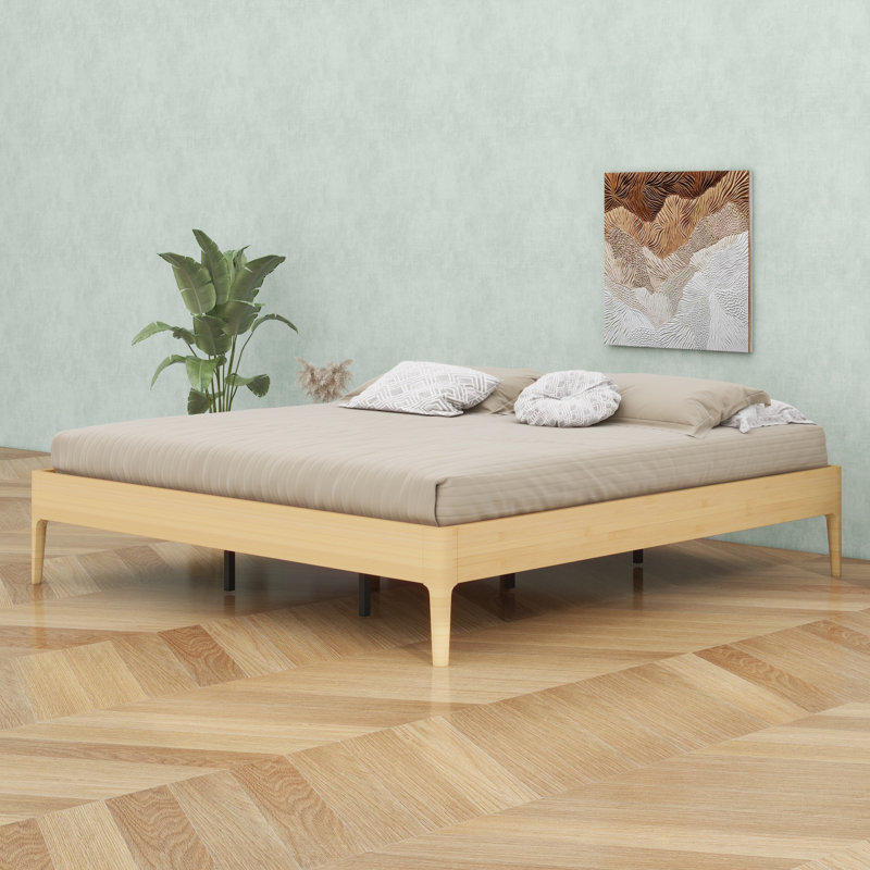 Elegant Wood Platform Bed Frame with Wood Slat & Metal Support, Natural, King