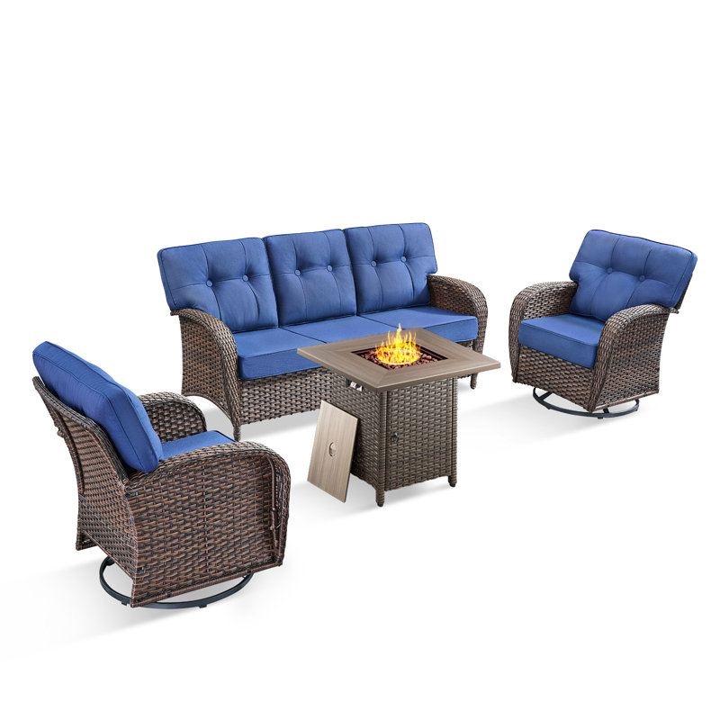 Fiorillo 4-Piece Wicker Rattan Patio Conversation Set With Square Fire Pit Table And Swivel Chairs, Blue